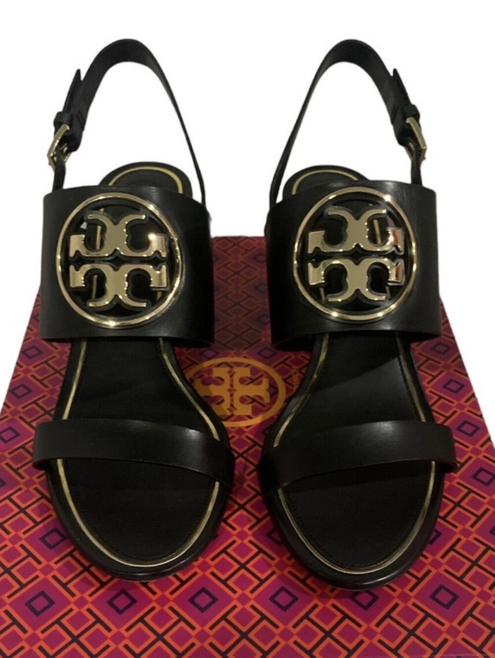Tory Burch Black Leather Slingback Sandals with Gold Logo